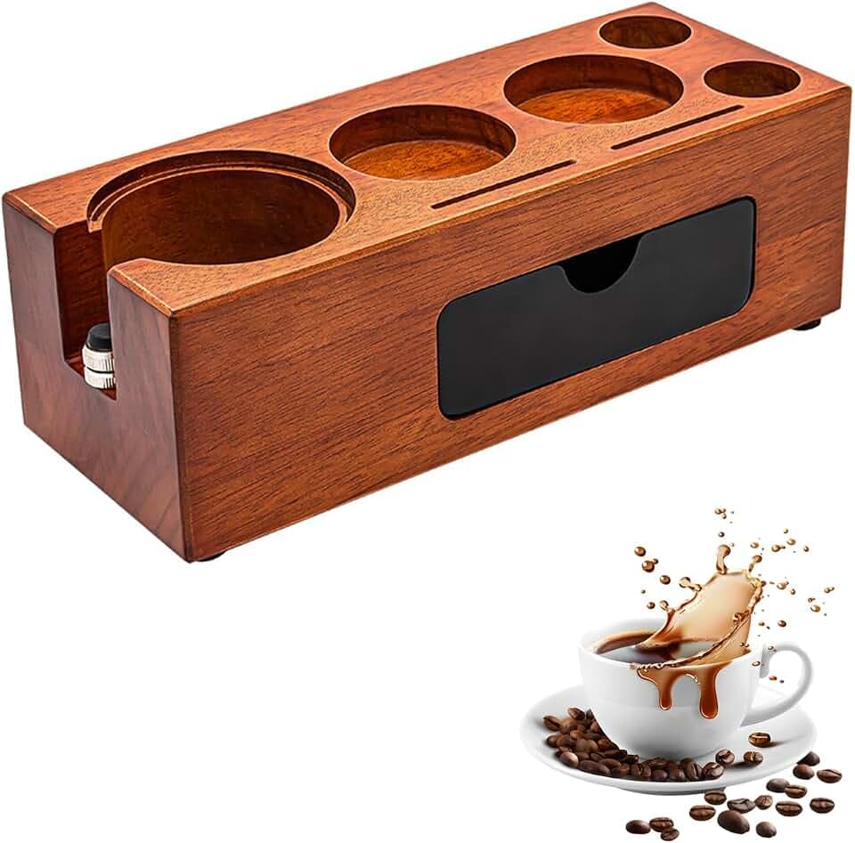 Espresso Tamping Station, Wood Knock Box Drawer Organizer Combo, Compatible with 58mm Portafilter and Tamper, for Home Baristas, Coffee Stations, and Espresso Tools Storage