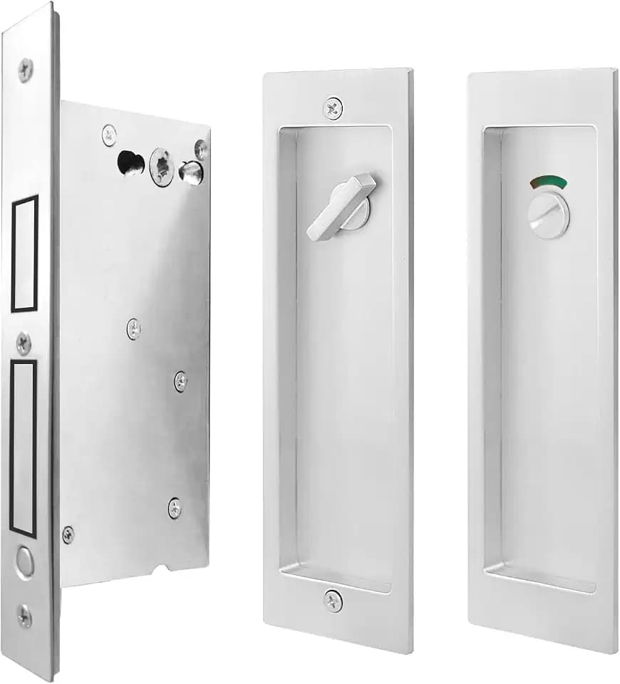 Pocket Door Lock,Modern Rectangular Pocket Door Hardware, Finger Flush Pulls with Edge Pull for Pocket Doors, Sliding Doors,Folding Doors etc (Sliver, Indicator Privacy Lock)