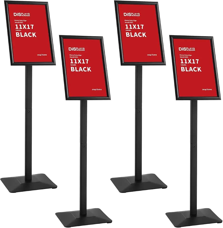 DISPLAYSWORKER 4Pcs Floor Sign Holder, Aluminum snap frames Sign Stand heavy duty pedestal sign floor standing for indoor outdoor 11×17 signage poster display stand for restaurant store school (BLACK, 11×17, 4 Pack)