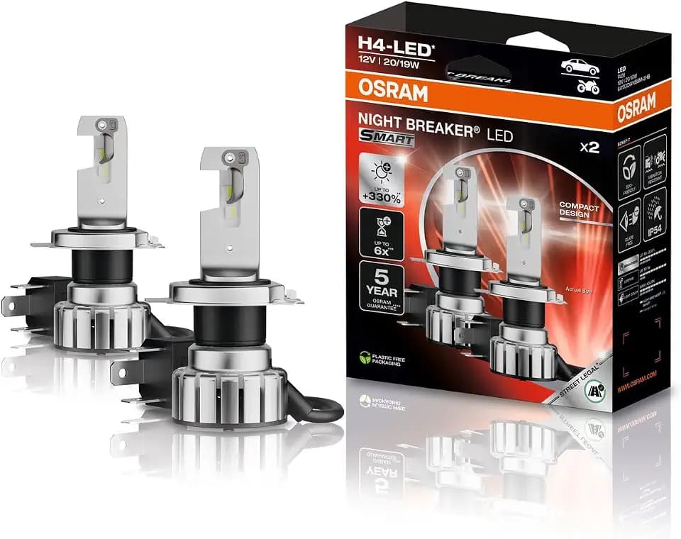 Osram Night Breaker LED Smart H4, 6000K, 12V, Fern- und Abblendlicht mit Straßenzulassung, für PKW, Weiß, Bis zu 330% Mehr Helligkeit