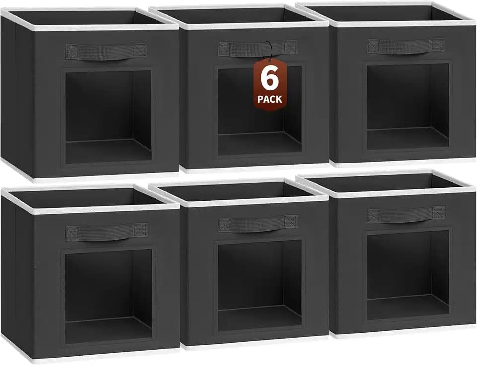Homsorout Cube Storage Bins - Fabric Shelves for Closet Organization, Foldable Storage Bins for Clothes, Decorative Storage Baskets with Window for Home, Set of 6, Black
