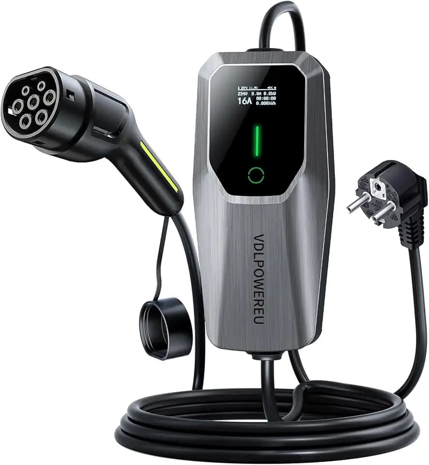 Ladekabel Typ 2, 3.6KW /5M Ladekabel Elektroauto, 6A-16A LED-Anzeige Tragbare EV Ladegerät, VDLPOWEREU Typ 2 für Elektrofahrzeuge mit Einphasigem EU-Schuko, IP65(Norm IEC 62196-2)