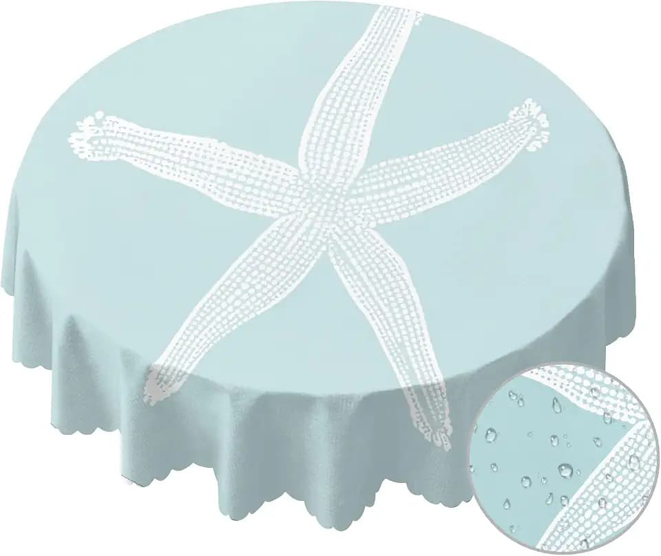Yibeas Tablecloth Round White Starfish Table Cloth Ocean Wildlife Sketch Granular Tube Feet Tentacle Sea Nature Cyan Table Cover for Dining Room Kitchen Decoration 60inch