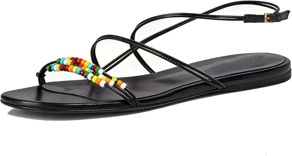 Beaded Strappy Flat Sandals for Women Bohemian Sandals Open Toe Slingback Flats Vacation Beach Casual Daily Dressy Summer Shoes
