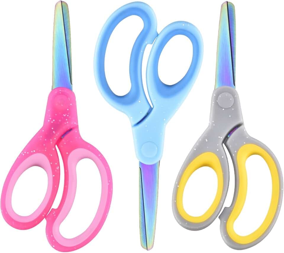 SCAIKTIG 5" Kids Scissors Set(3 Pcs), Safety Rounded edge Blunt-Tip, Titanium Coating Blades, Comfort Grip for School Classroom Children and Toddler Cutting Craft Paper, Glitter Assorted Color