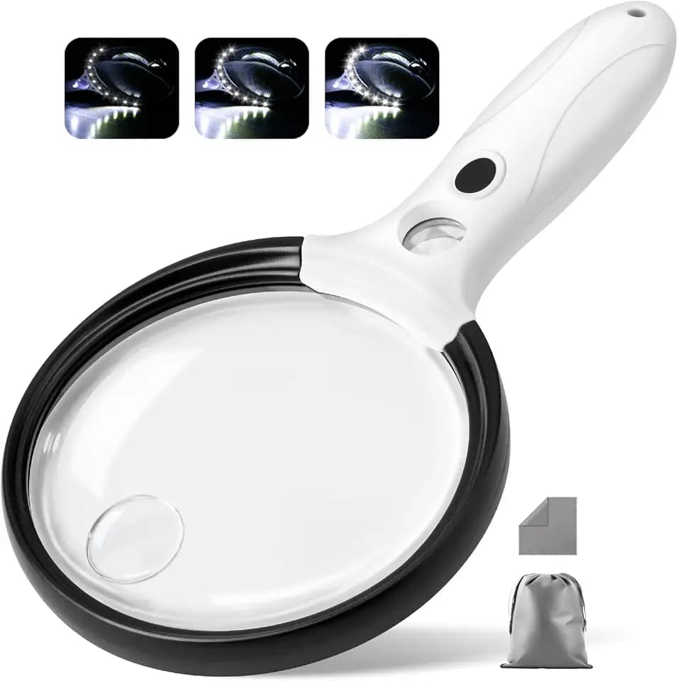 Large Magnifying Glass with Light, 10X 25X 45X Handheld Illuminated Magnifier with 3 Light Modes, 12 LED Lights, Storage Bag, Clean Cloth for Seniors Reading Coins Inspection (Black)