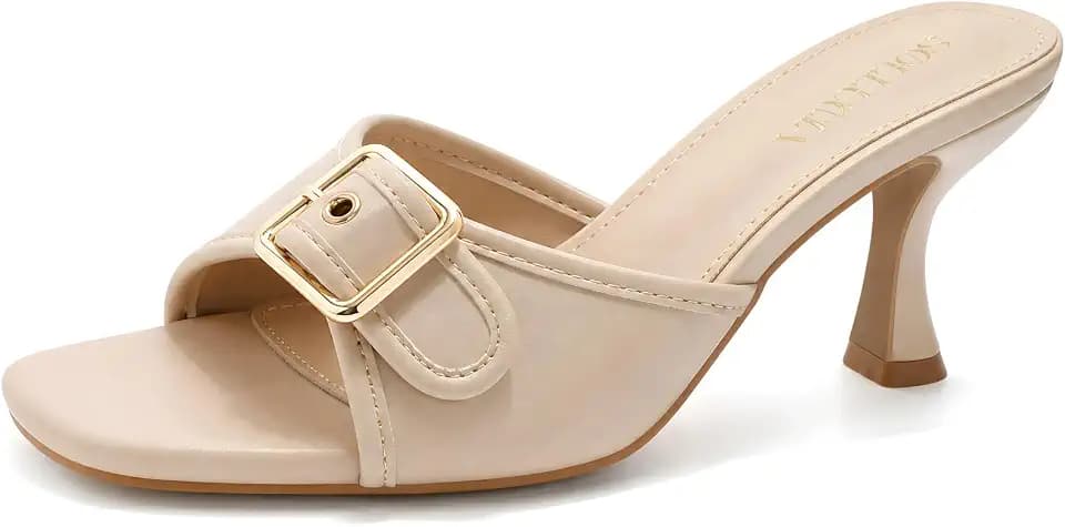 Women's Kitten Heels Square Open Toe Mules Sexy Backless Slip On Dressy Heeled Sandals with Buckle Strap for Wedding,Prom,Party,Daily