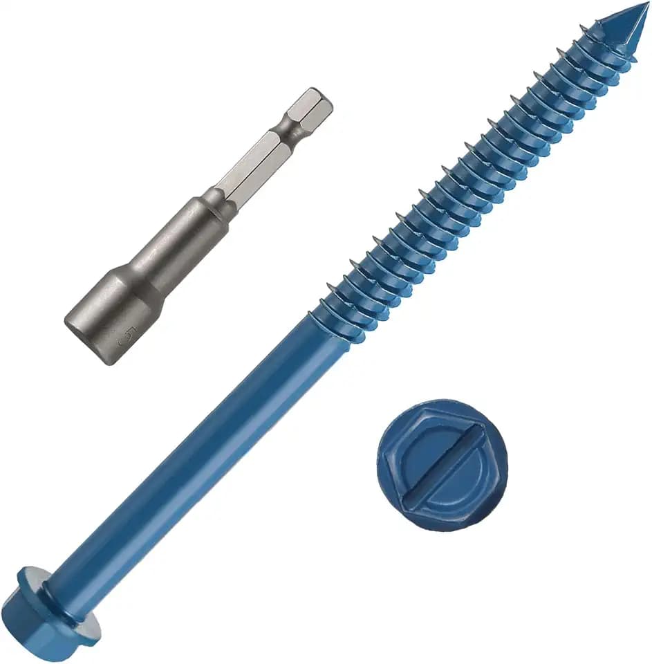 1/4" x 6" Concrete Screws, 50 PCS Blue Hex Washer Head Concrete Screws Anchor Kit with Hex Bit Socket, for Masonry, Cement, Block, Brick or Stucco