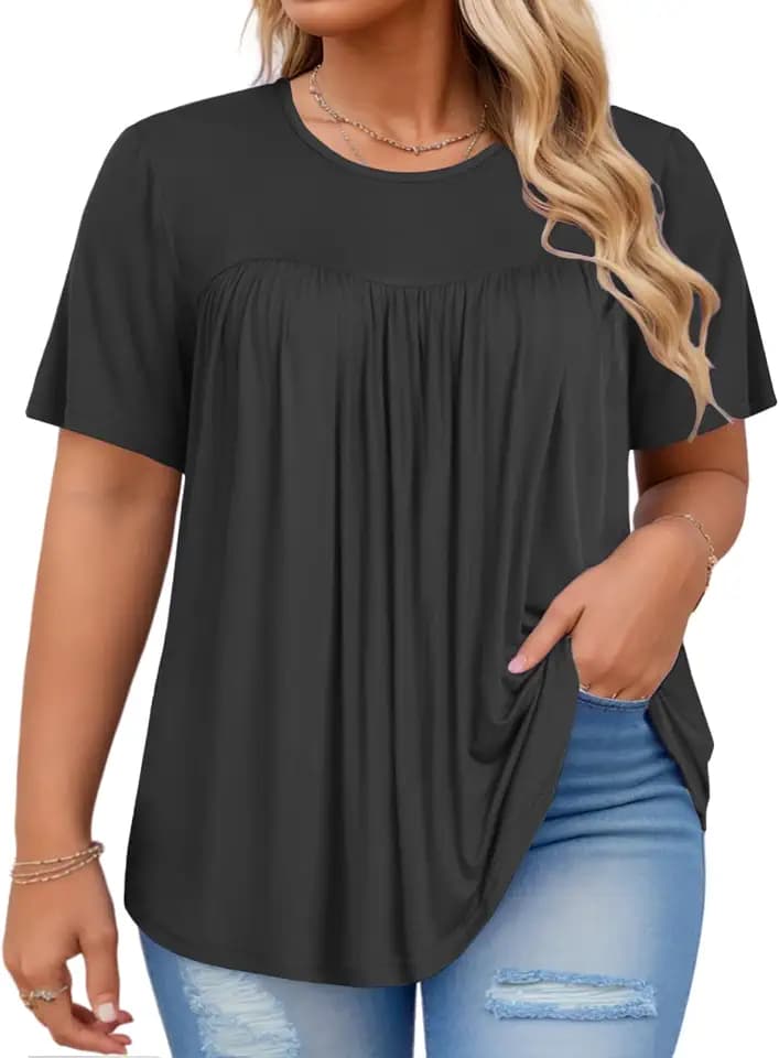 VISLILY Women's-Plus-Size-Tops Trendy Summer Short Sleeve T Shirts Cute Flowy Pleated Blouses Casual Loose Fit Tunics XL-5XL