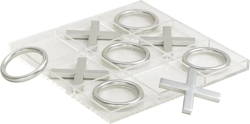 Deco 79 Acrylic Plastic Tic Tac Toe Game Set with Silver Pieces, 12" x 12" x 1", Clear