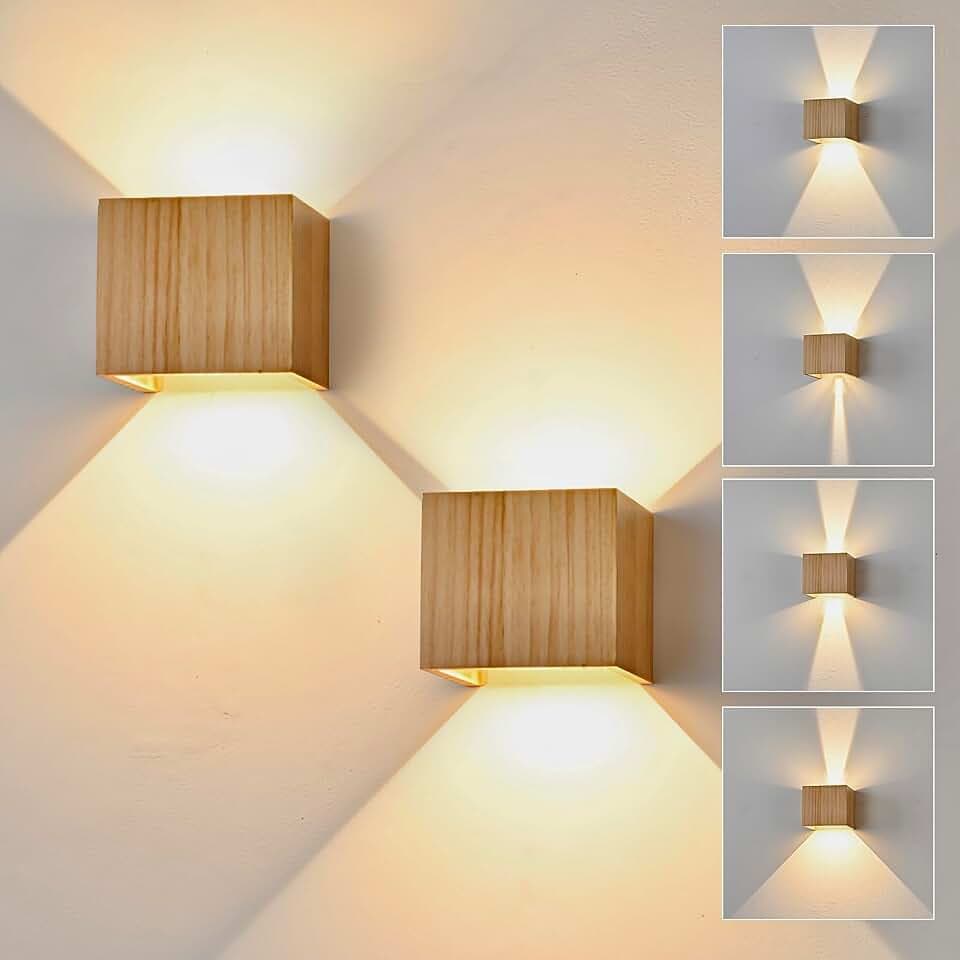 LED Wandleuchte Innen Holz Wandlampe, Wandleuchte Holz Vintage 6W LED Wand Warmweiß 3000K Weiß Up Down Flurlampe Einstellbar Abstrahlwinkel Holzlampe für Wohnzimmer Flur Schlafzimmer, 2PCS