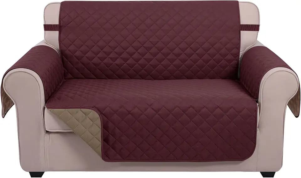 U-NICE HOME Loveseat Sofa Cover for 2 Cushion Couch, Burgundy/Tan