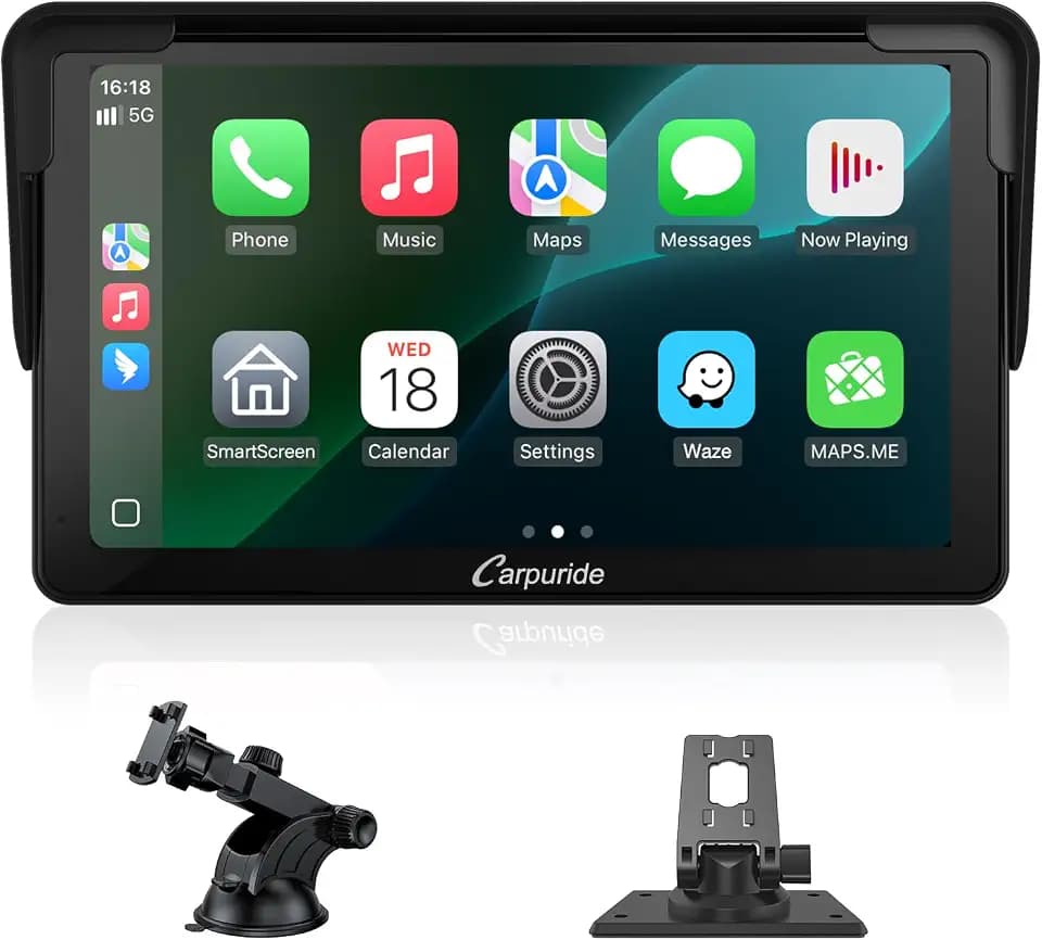 Carpuride Carplay Screen, Tragbares Kabelloses Carplay und Android-Auto, 7 Zoll 1080P HD-Touchscreen-Radio mit BT 5.0, Spiegel-Link-Unterstützung, LKW, Wohnmobil, Armaturenbrett-Halterung