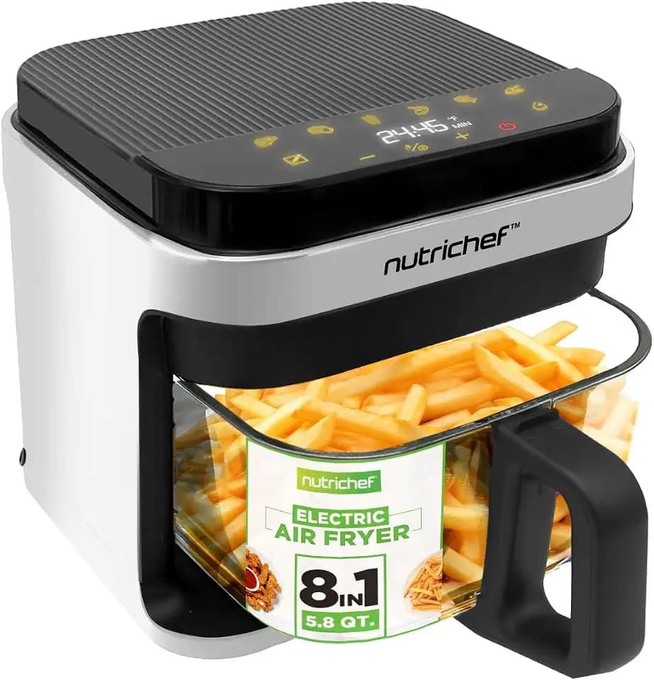 Nutrichef 5.8 Quart Air Fryer | 8-in-1 Preset Cook Modes| Transparent Fry Bowl for Best Cooking Results | Cook Shrimp, Steak, Fries, Wings, Chicken & More | Precise Temperature Control & Time | White