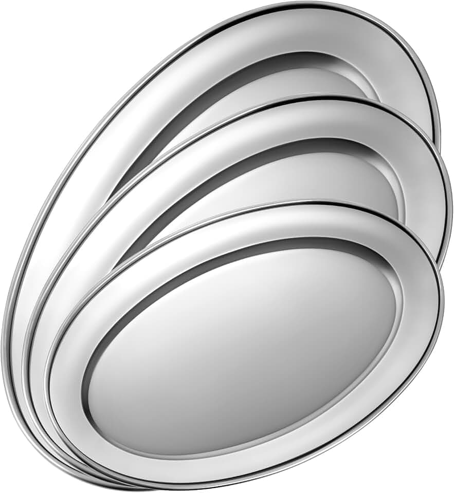 FoldTier 3 Pcs Stainless Steel Serving Tray Large Oval Platter Heavy Duty
