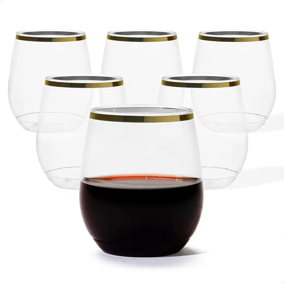 TOSSWARE POP 14oz Stemless Gold Rim Wine Glass Set of 48, Premium Quality, Recyclable, Unbreakable & Crystal Clear Plastic Wine Glasses