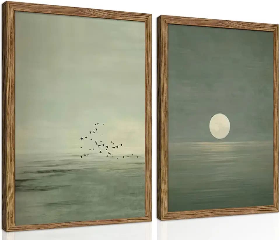 Framed Japanese Zen Wall Art Set of 2, Minimalist Sage Green Flying Duck Canvas Wall Decor Paintings, Modern Sunset Landscape Artwork Prints Picture for Living Room Bedroom Bathroom 12x16 Inch