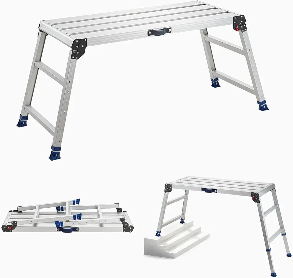 VEVOR Folding Work Platform, Adjustable Height 23-34.5 in, 40 x 18 in Aluminum Step Stool, 500 lbs Load Capacity, Heavy Duty Non-Slip Platform Ladder, Portable Work Bench for Painting, Maintenance