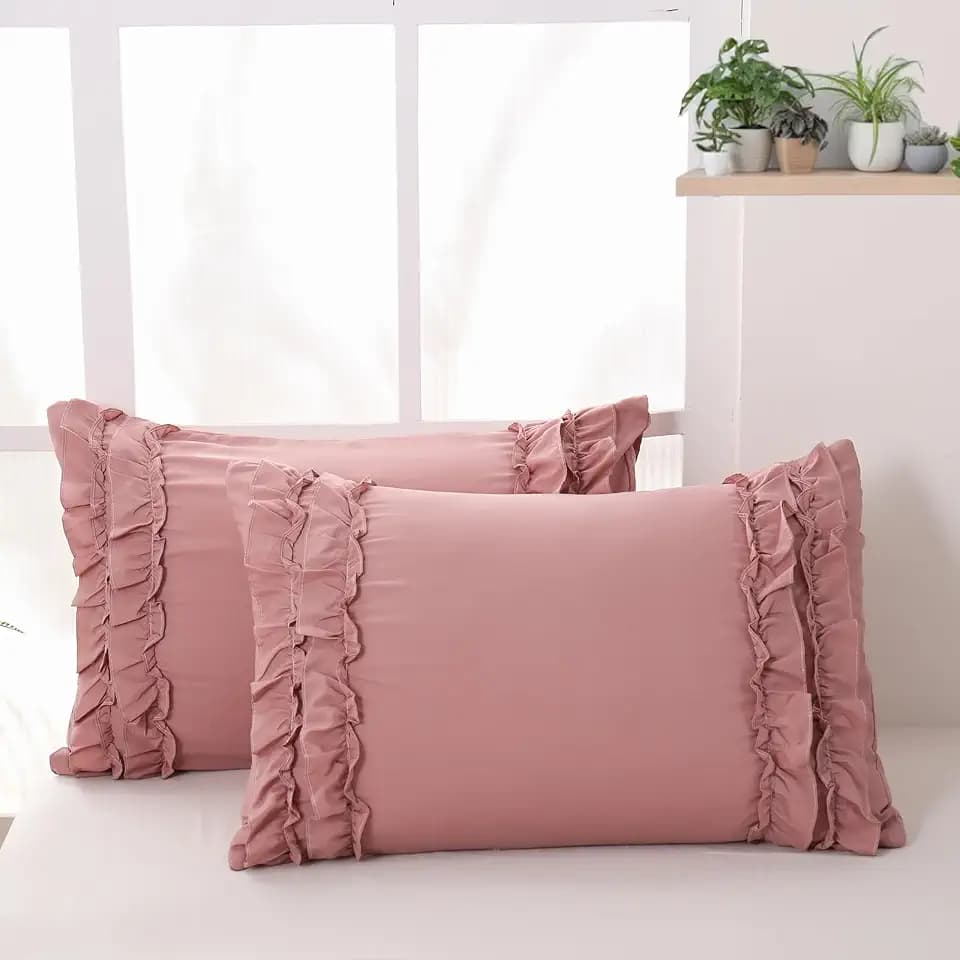 Herside Pink King Size Pillowcases 2 Pack, Chic Ruffle Pillow Shams, 20"x36" Bean Pink Pillow Covers, French Country Vintage Ruffled Pillowcases Set of 2, Ultra Soft Microfiber (King)