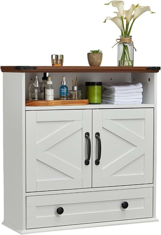 Wall Mounted Bathroom Cabinet with Barn Doors – 25" Wide Medicine Cabinet over Toilet with Adjustable Shelf & Drawer, Hangging Storage Cabinet for Bathroom, Kitchen, Laundry, Entryway, White