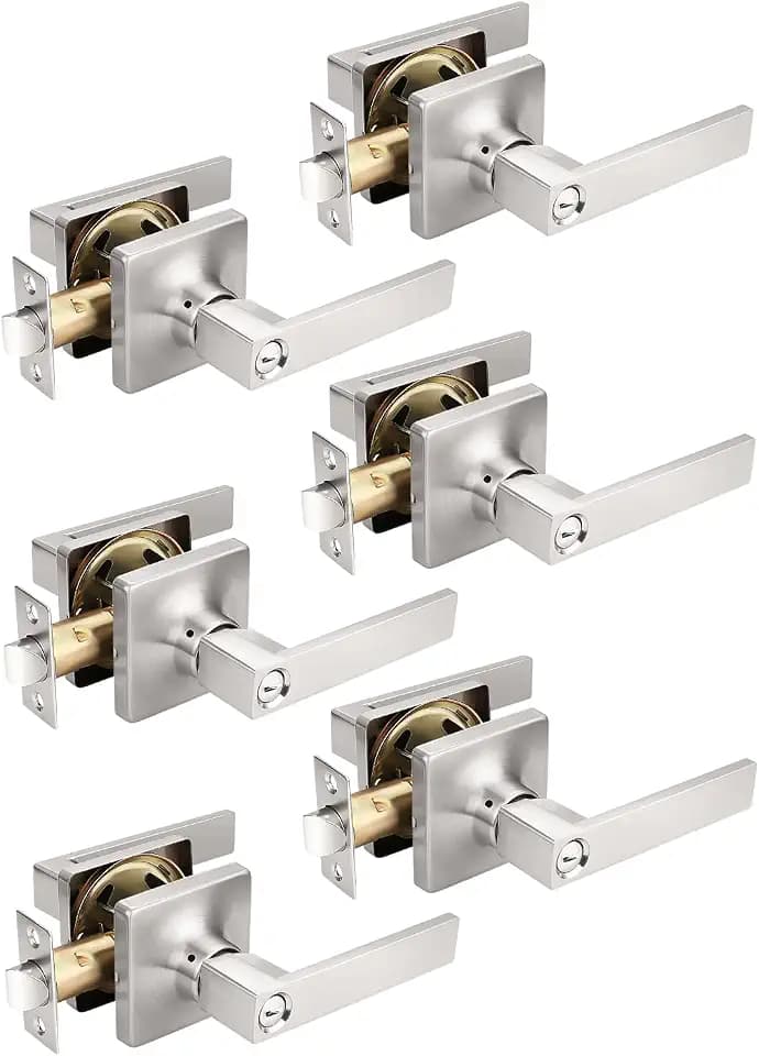 Mengico 6 Pack Door Lever Heavy Duty, Privacy Door Handles Locksets,Satin Nickel Reversible Keyless Square Door Lever for Bedroom and Bathroom