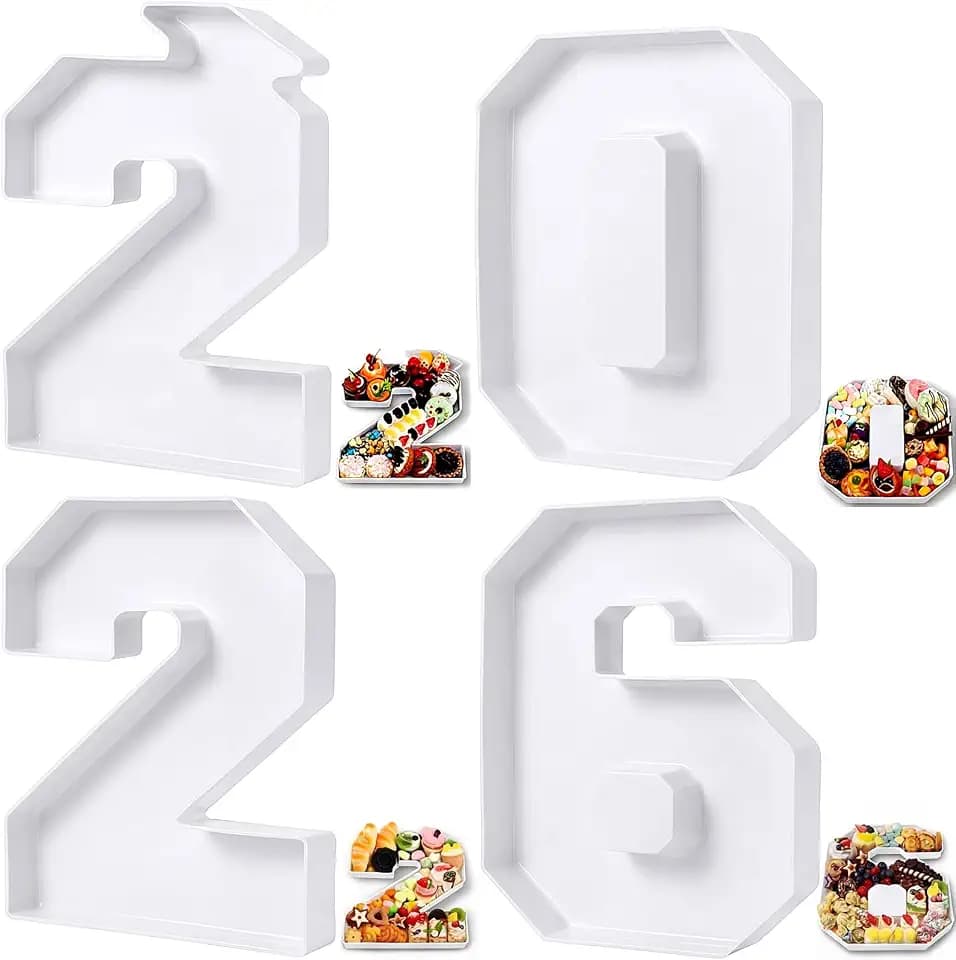 Tellingyou 4 Pcs 13.7" 2026 Charcuterie Numbers Fillable Graduation Disposable Mache Box Chocolate Candy Tray Grad Container Decoration(White,2026)