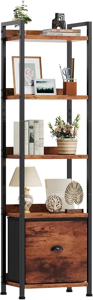 DUMOS 5 Tier Bookshelf with Fabric Drawer, Display Standing Shelf, Brown
