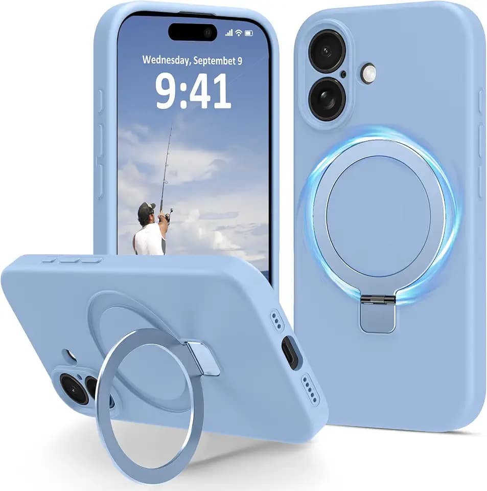 Compatible with iPhone 17 Case Stand, Slim Soft Liquid Silicone Phone Cases Fit for iPhone 17 Compatible with MagSafe Magnetic Ring Kickstand Stand Case Full Camera Protection, Light Blue