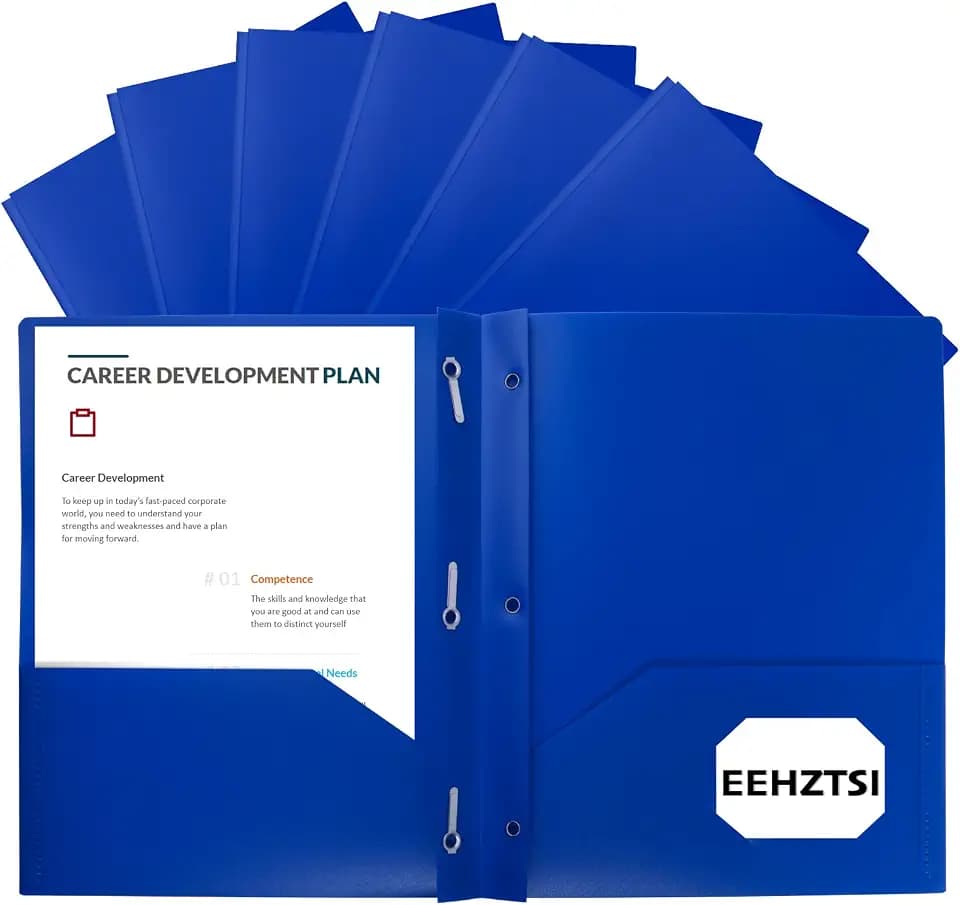 12-Pack Plastic Folders with Pockets and Prongs, 2-Pocket Poly Folders with 3 Fasteners Holds 8-1/2" x 11" Paper for School/Office/Home, Blue