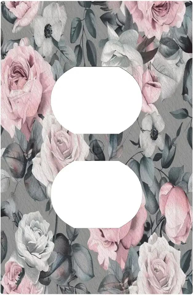 Outlet Covers Tea Rose Sliver Gray Floral Pink Flower 1 Gang Duplex Light Switch Cover Plate Decorative Wall Plates Electrical Switchplate Receptacle Cover for Bathroom Bedroom Decor