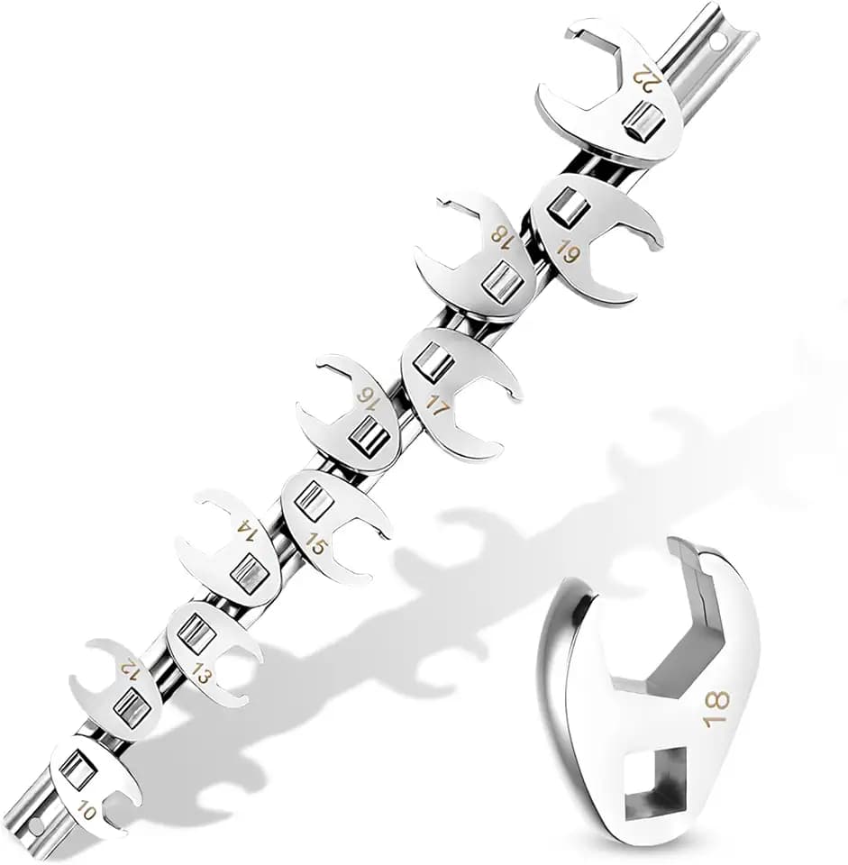 3/8" Drive Metric Crow foot Wrench Set 10-Piece 10-22mm, CR-V Steel Flare Nut Design, for Automotive & Plumbing Tight Spaces Access with Clip-On Organizer