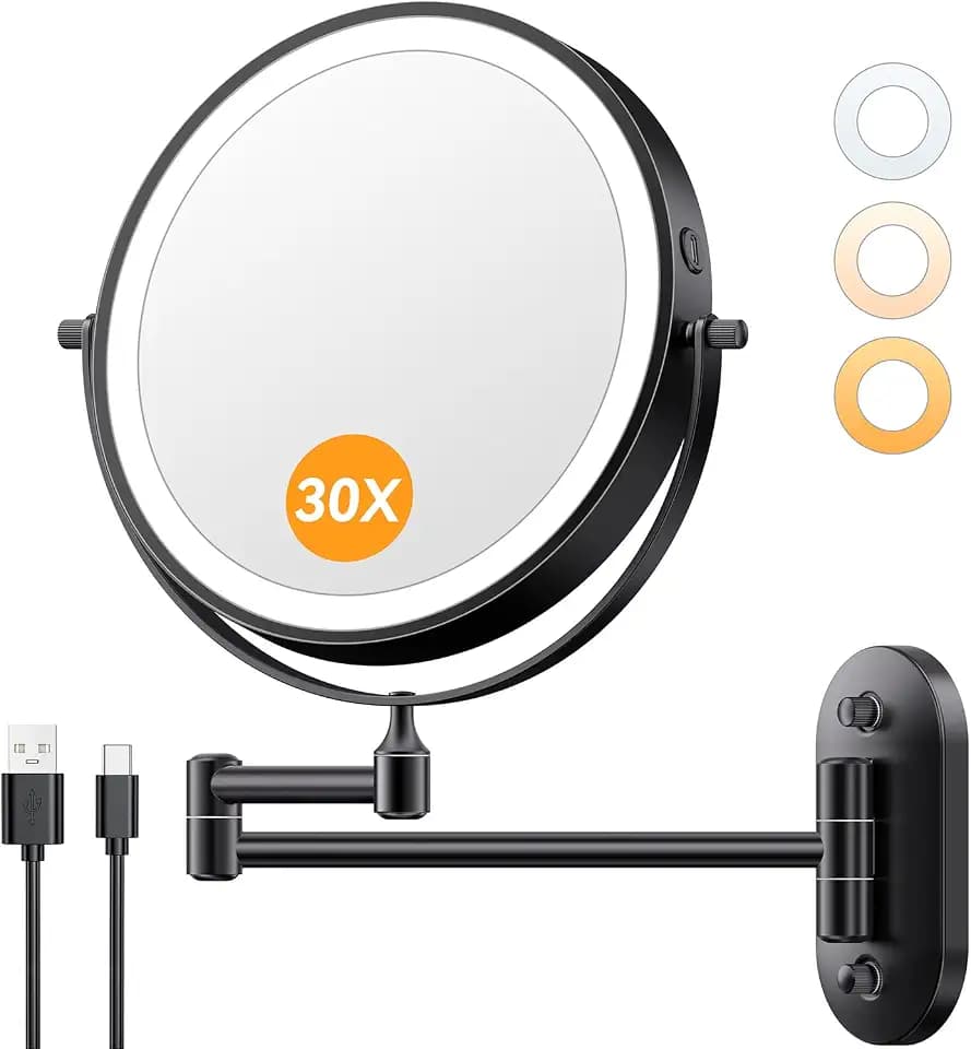 Auxmir 1X/30X Wall Mounted Makeup Mirror, 8" Rechargeable Magnifying Mirror