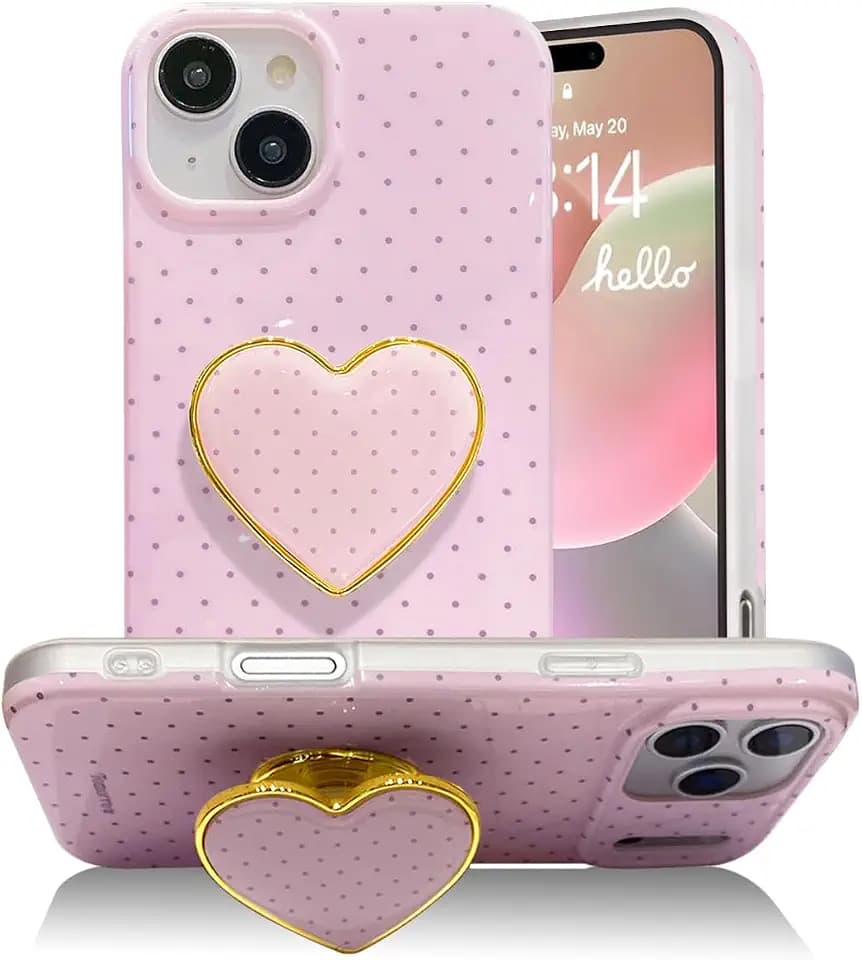 for iPhone 15 Cute Case with Polka Dot, Pink Phone Case with Love Heart Stand Printed TPU Shockproof Candy Color Cover for Girls Women(Pink, for iPhone 15)