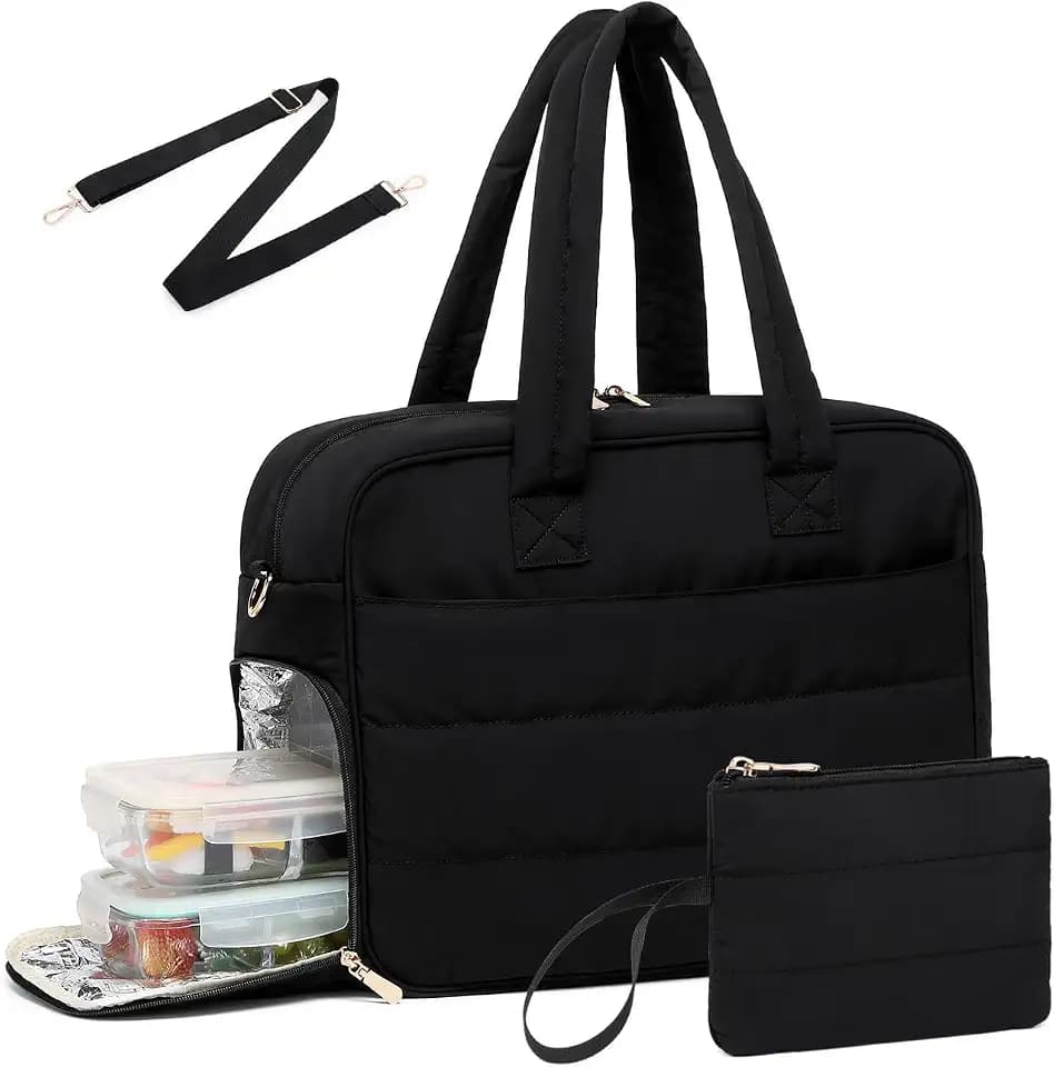 Lunch Tote Bag for Women Work, 15.6 Inch Laptop Purse with Insulated Lunch Compartment Coin Wallet for Meal, Large Puffy Quilted Travel Duffle Bag