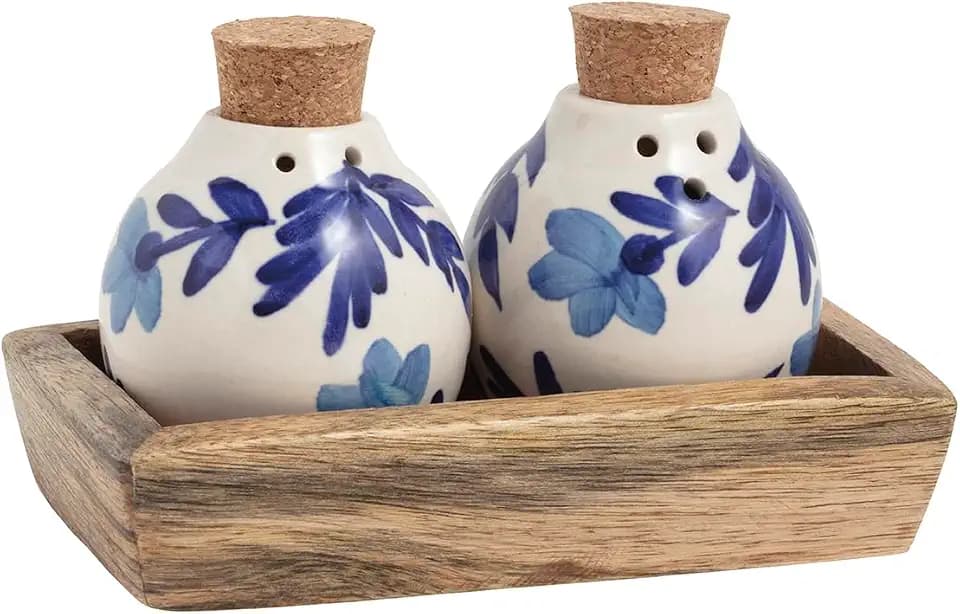 Mud Pie Wood Blue Salt and Pepper Shaker Set