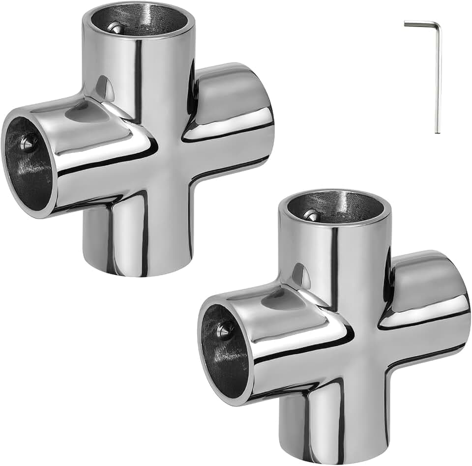 Boat Handrail Fitting 90 Degree 4-Way Cross Tube Pipe Connector for 7/8" Round Tubing, 316 Stainless Steel Pipe Joint, Marine Grade Pipe Fitting (2-Pack)