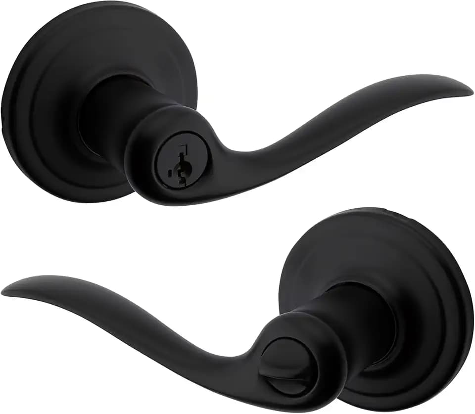 Kwikset Tustin Entry Door Handle with Lock and Key, Secure Keyed Reversible Lever Exterior, For Front Entrance and Bedrooms, Matte Black, Pick Resistant Smartkey Rekey Security and Microban
