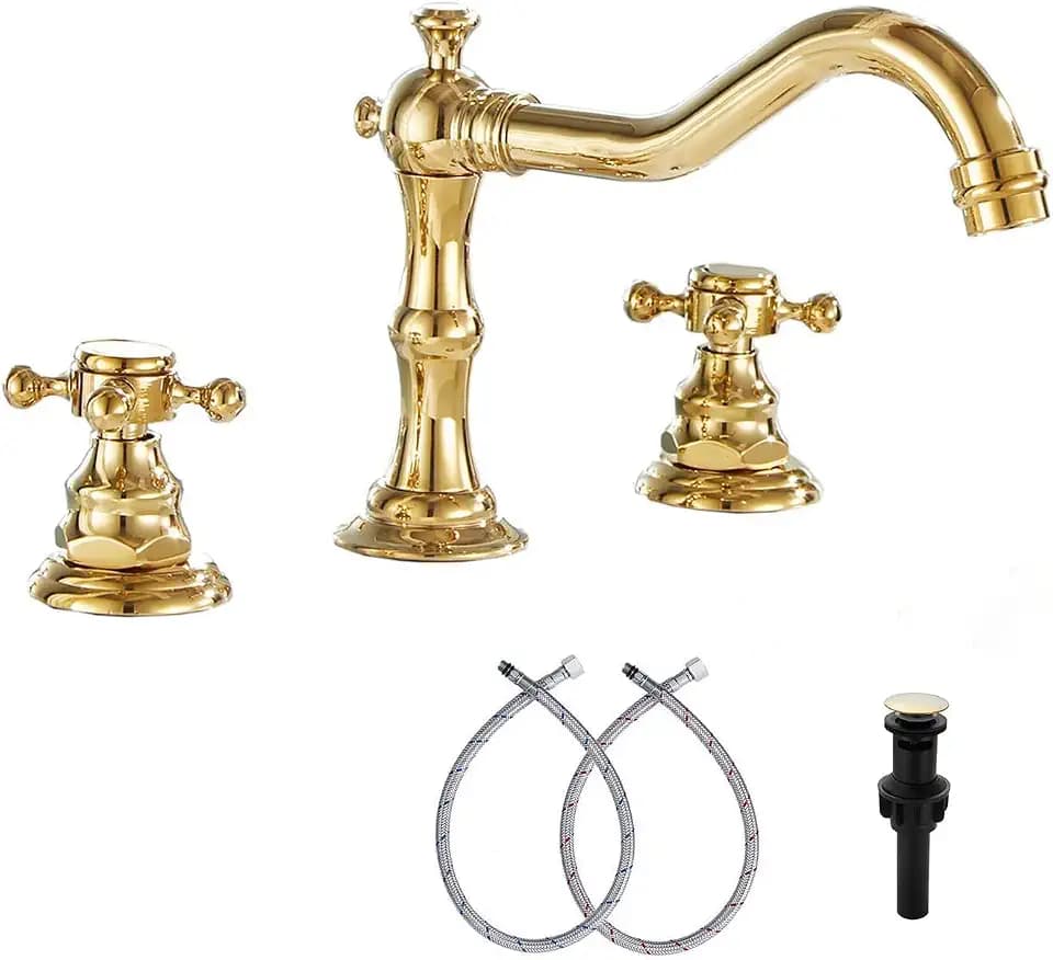 8-16 inch Two Handles 3 Holes Widespread Bathroom Sink Faucet Gold Basin Mixer Tap Faucet Matching Metal Pop Up Drain with Overflow