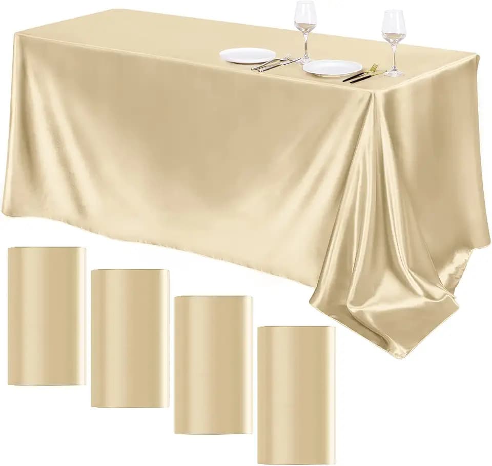 TURSTIN 4 Pack Champagne Satin Tablecloth 102 x 58 Inch Overlay Table Cover