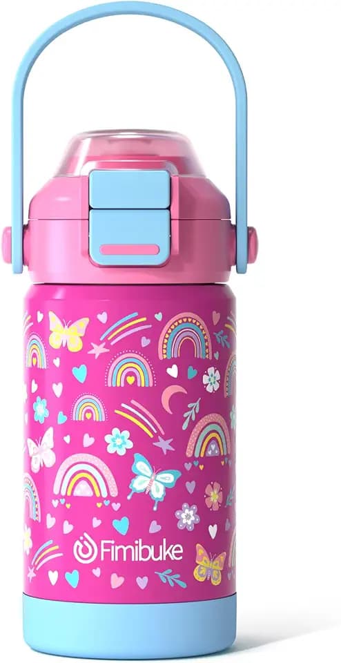 Kids Insulated Water Bottle with Pop-Open Straw & Spout 2-in-1 Lid, 14oz Kids Insulated 18/8 Stainless Steel Water Bottle for School Girls Boys Toddler Water Bottle Leak Proof Kids Cups,Rainbow