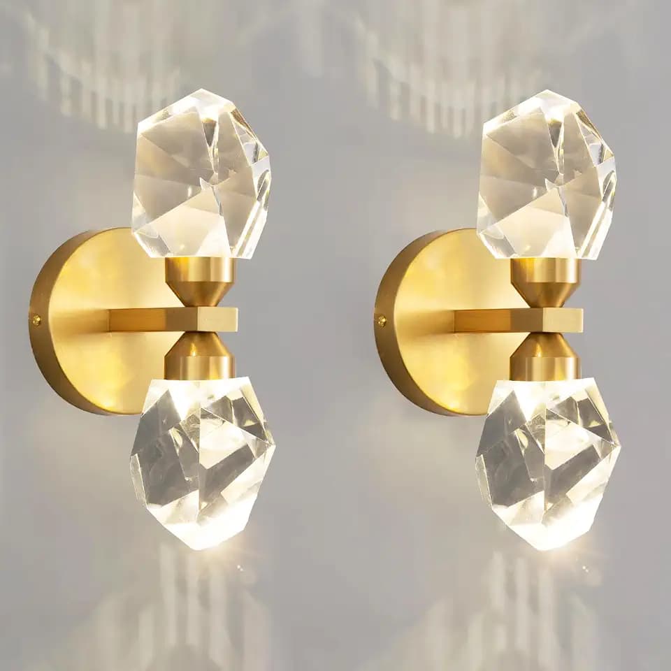 HAIXIANG 2 Packs Wall Sconces - Gold Modern Crystal Vanity Lighting for Dining Room, Bedroom, Living Room, Entryway, Bathroom - Wall Mount Lighting Fixture - Warm Light