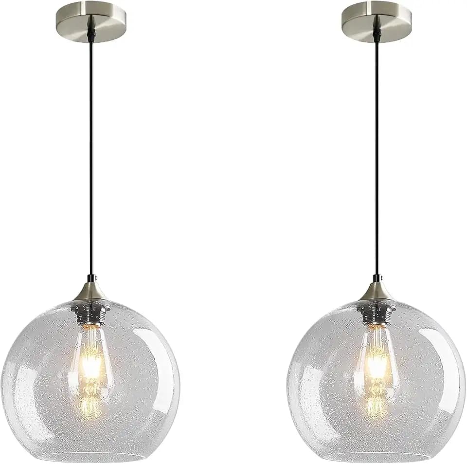 Modern 2-Pack Glass Globe Pendant Lights, Clear Modern Pendant Lighting for Kitchen Island, Clear Glass Hanging Lamps for Dining Room Living Room Bedroom, Large 9.85 Inch Fixture (Bulbs Not Included)