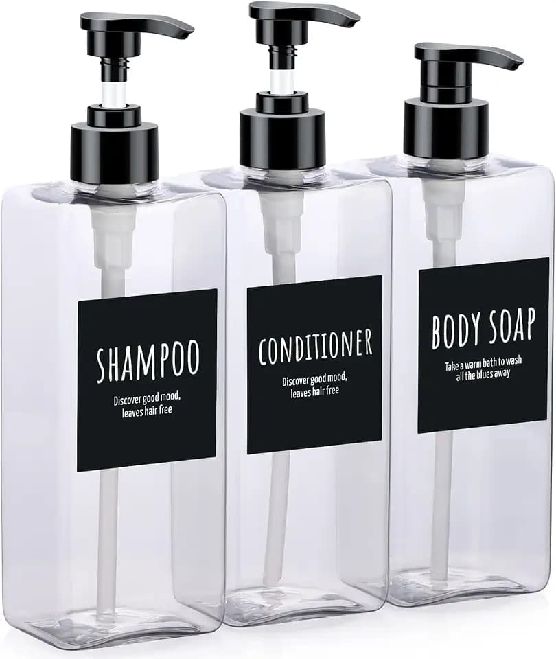 Segbeauty Shampoo Bottles, 3pcs 16.9oz Empty Refillable Pump Dispenser with Labels, 500ml Plastic Reusable Press Lotion Containers for Bathroom Hotel Liquid Soap Body Wash Hand Soap Conditioner Clear