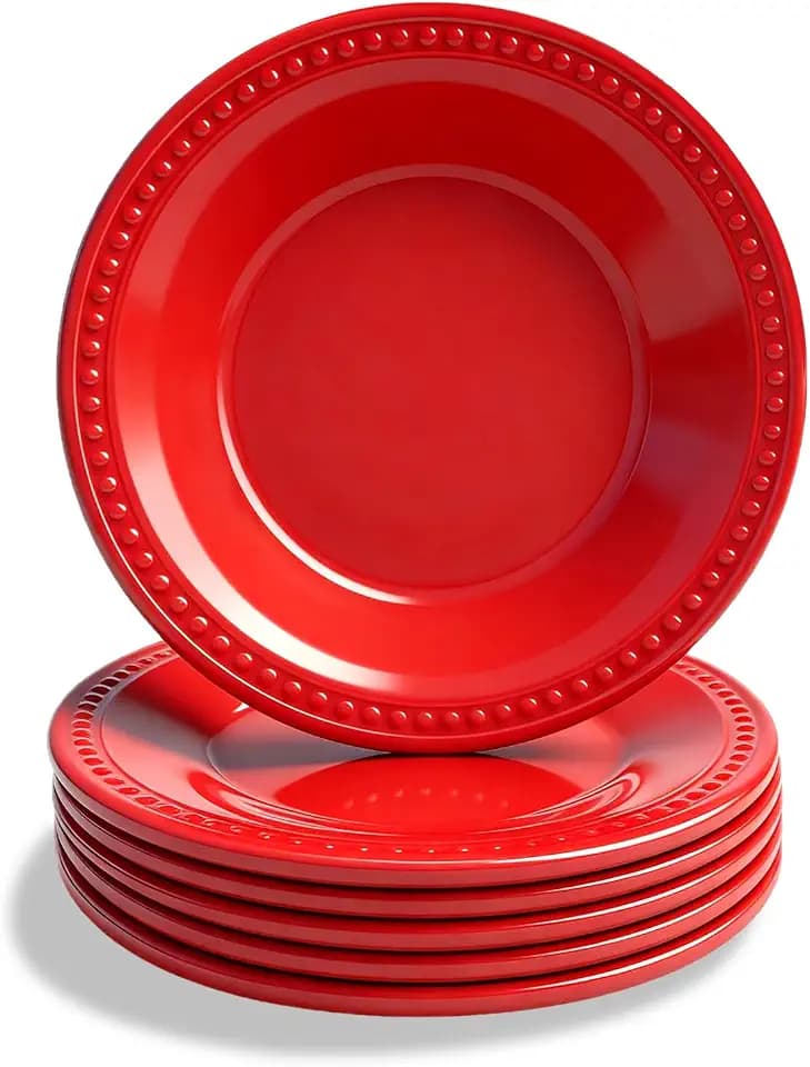 11 inch Red Melamine Plastic Beaded Dinner Plate Set of 6, BPA Free, Platter, Serving Dishes, Chip & Break Resistant, Lightweight, Great for Dining, Weddings & Everyday Meals