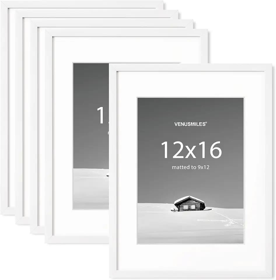 Venusmiles 12x16 inch Picture Frame, 12x16 Photo Frames with 8.5x11 Removable Mat - High Definition Plexiglass - Vertical and Horizontal Display - Wall Hanging Frame - White, 5 Pack