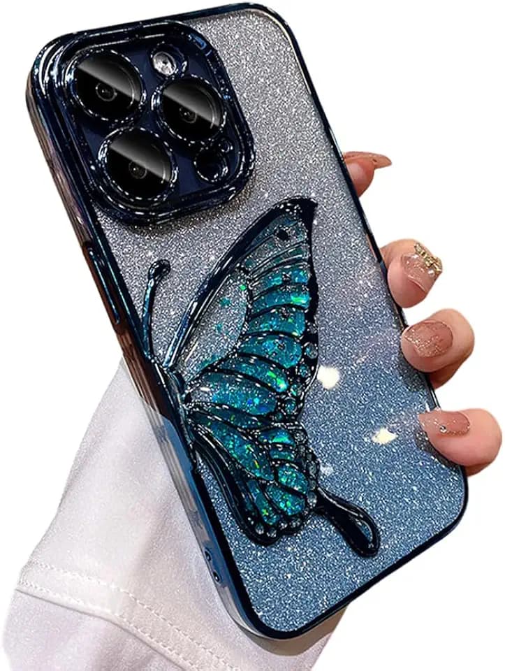 Designed for iPhone Case,Luxury Electroplated Liquid Floating Gradient Glitter Quicksand Butterfly Clear Shockproof Protective Cover Phone Case (Blue,iPhone 14 Pro)