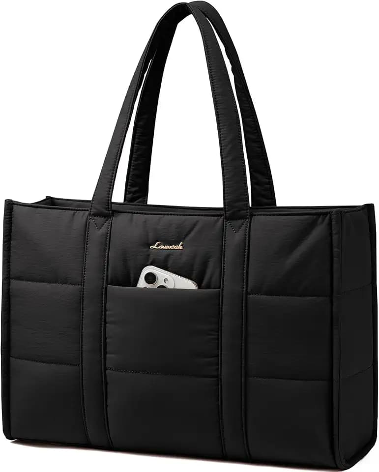 LOVEVOOK Handtasche Damen Groß, Puffer Laptoptasche 15,6 Zoll Shopper Tasche Arbeitstasche Aktentasche, Tote Bag Women Handbag Lehrertasche Schultasche Schultertasche für Uni Business Schule, Schwarz