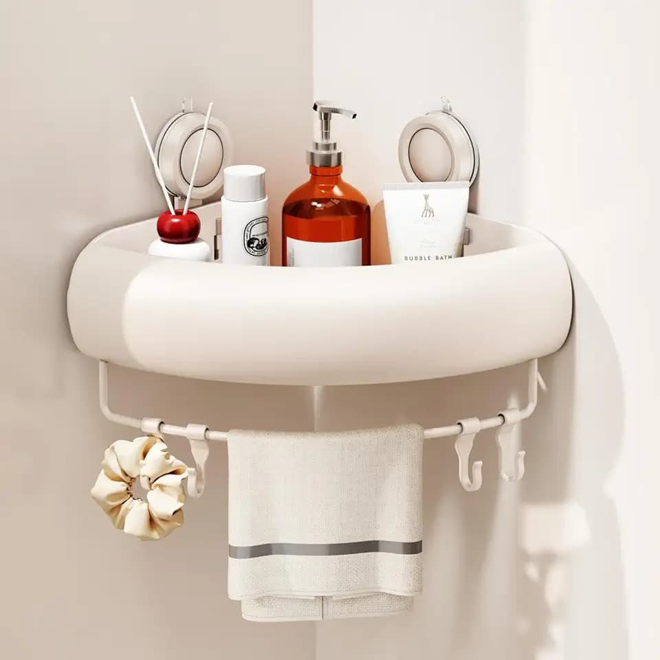 CICUFY Shower Caddy Suction Cup, 1 Pack No Drilling Corner Shower Shelves, Rust Proof Bathroom Storage Organizer, Shower Corner Caddy with Removable Hooks and Towel Bar, Triangle, Cream