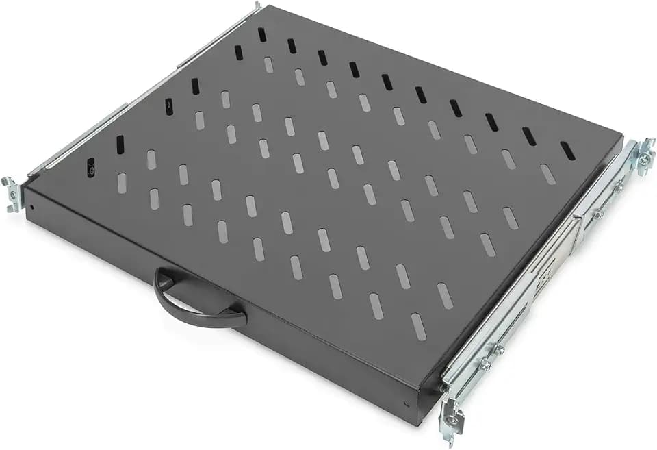 DIGITUS Ausziehbarer Fachboden - 19-Zoll - 1HE - Befestigung Vorne & Hinten - Traglast 25 kg - Für Netzwerkschänke & Serverschränke - Ab 600 mm Schranktiefe - Schwarz