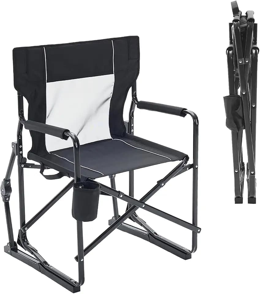 NEWBULIG Portable Folding Rocking Chair for Adults - Outdoor Camping Lawn Beach Seat with Detachable Armrests, Stable Rocker Base, Sturdy Steel Frame and Cup Holder, Black